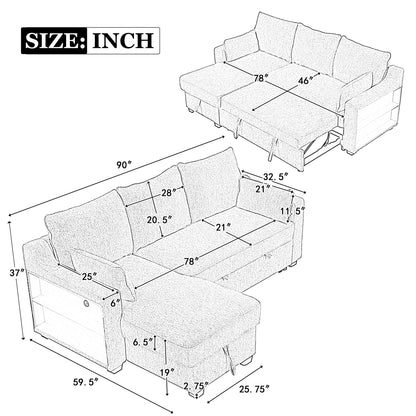 90 Fabric L-Shaped 3 Seater Sleeper Sofa with Pull-Out Bed, Storage Chaise, USB Ports, and Side Storage Racks