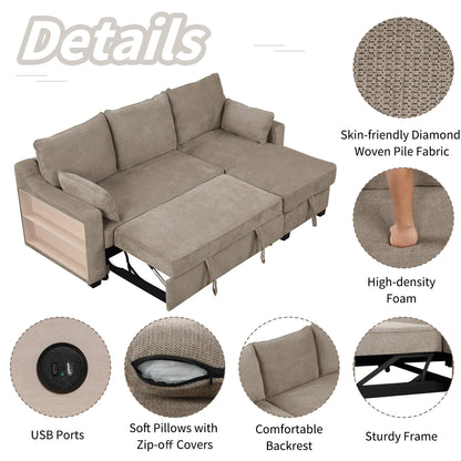 90 Fabric L-Shaped 3 Seater Sleeper Sofa with Pull-Out Bed, Storage Chaise, USB Ports, and Side Storage Racks