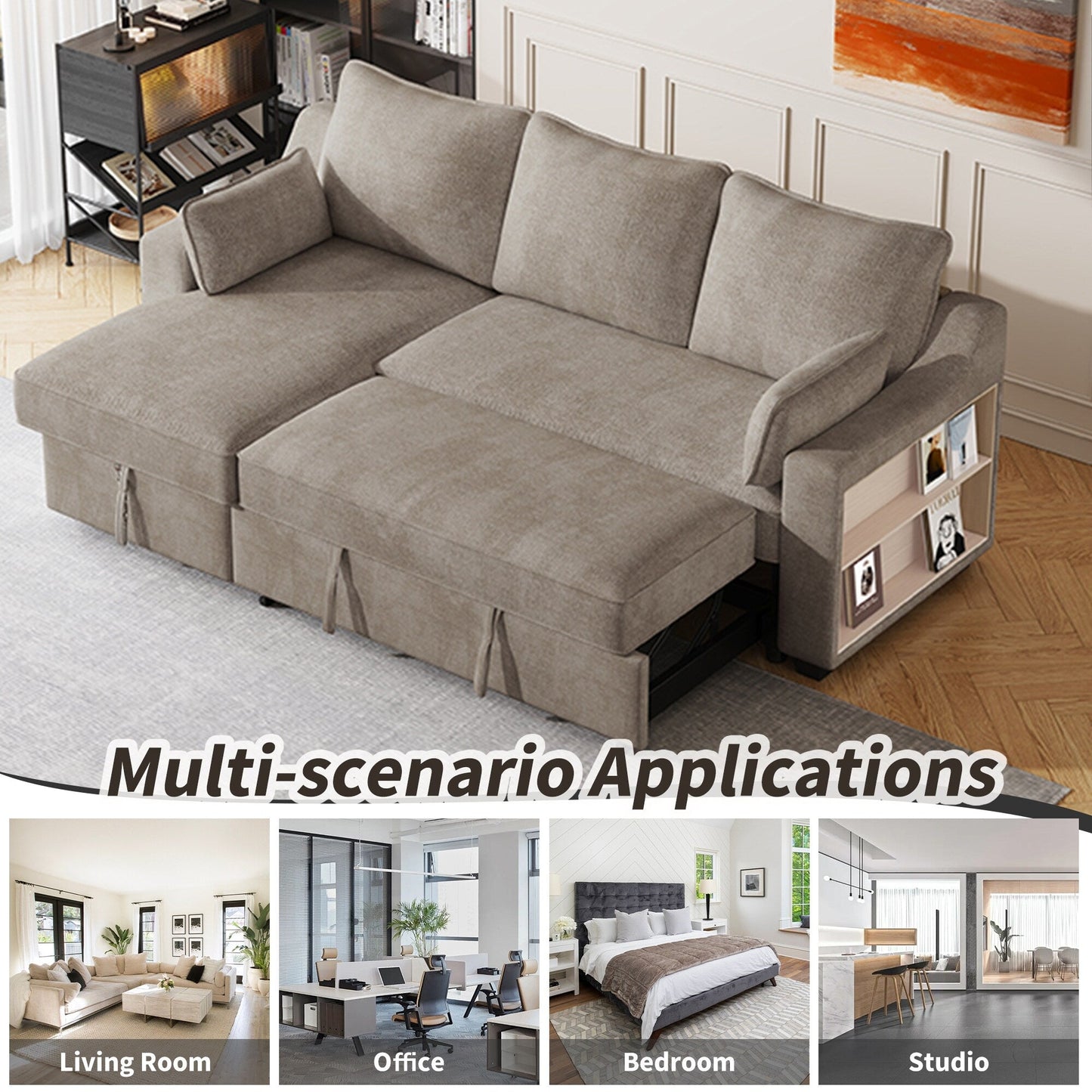 90 Fabric L-Shaped 3 Seater Sleeper Sofa with Pull-Out Bed, Storage Chaise, USB Ports, and Side Storage Racks