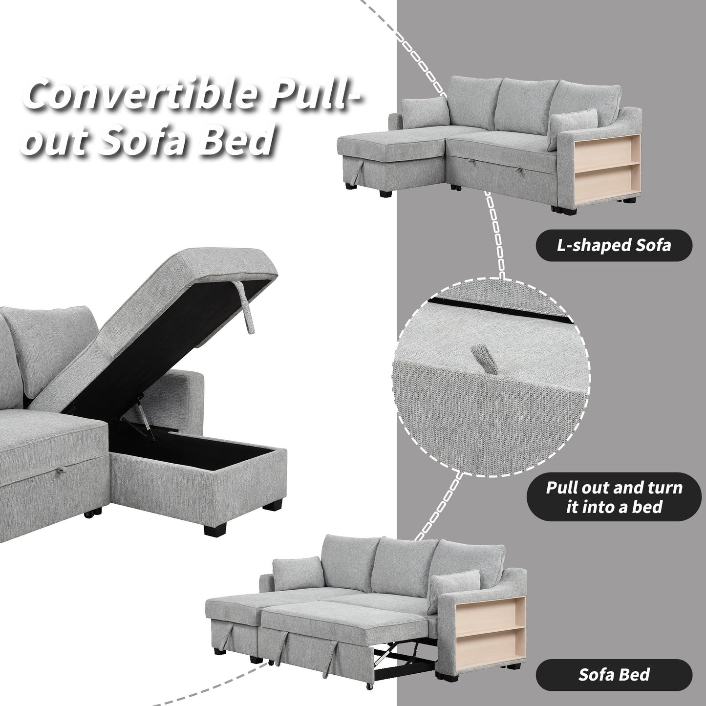 90 Fabric L-Shaped 3 Seater Sleeper Sofa with Pull-Out Bed, Storage Chaise, USB Ports, and Side Storage Racks