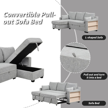 90 Fabric L-Shaped 3 Seater Sleeper Sofa with Pull-Out Bed, Storage Chaise, USB Ports, and Side Storage Racks