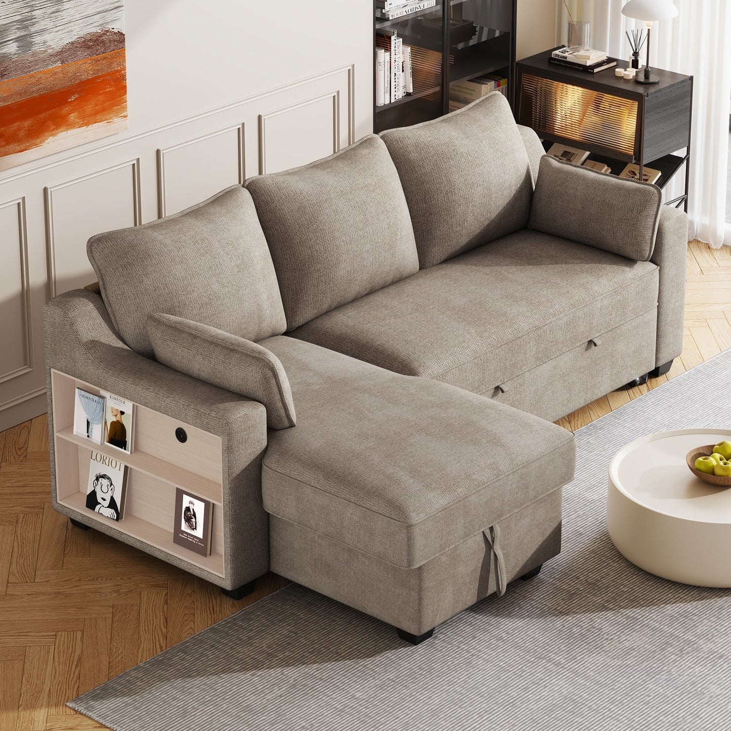 90 Fabric L-Shaped 3 Seater Sleeper Sofa with Pull-Out Bed, Storage Chaise, USB Ports, and Side Storage Racks