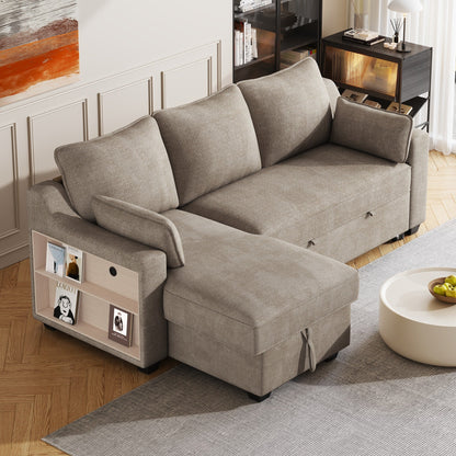 90 Fabric L-Shaped 3 Seater Sleeper Sofa with Pull-Out Bed, Storage Chaise, USB Ports, and Side Storage Racks