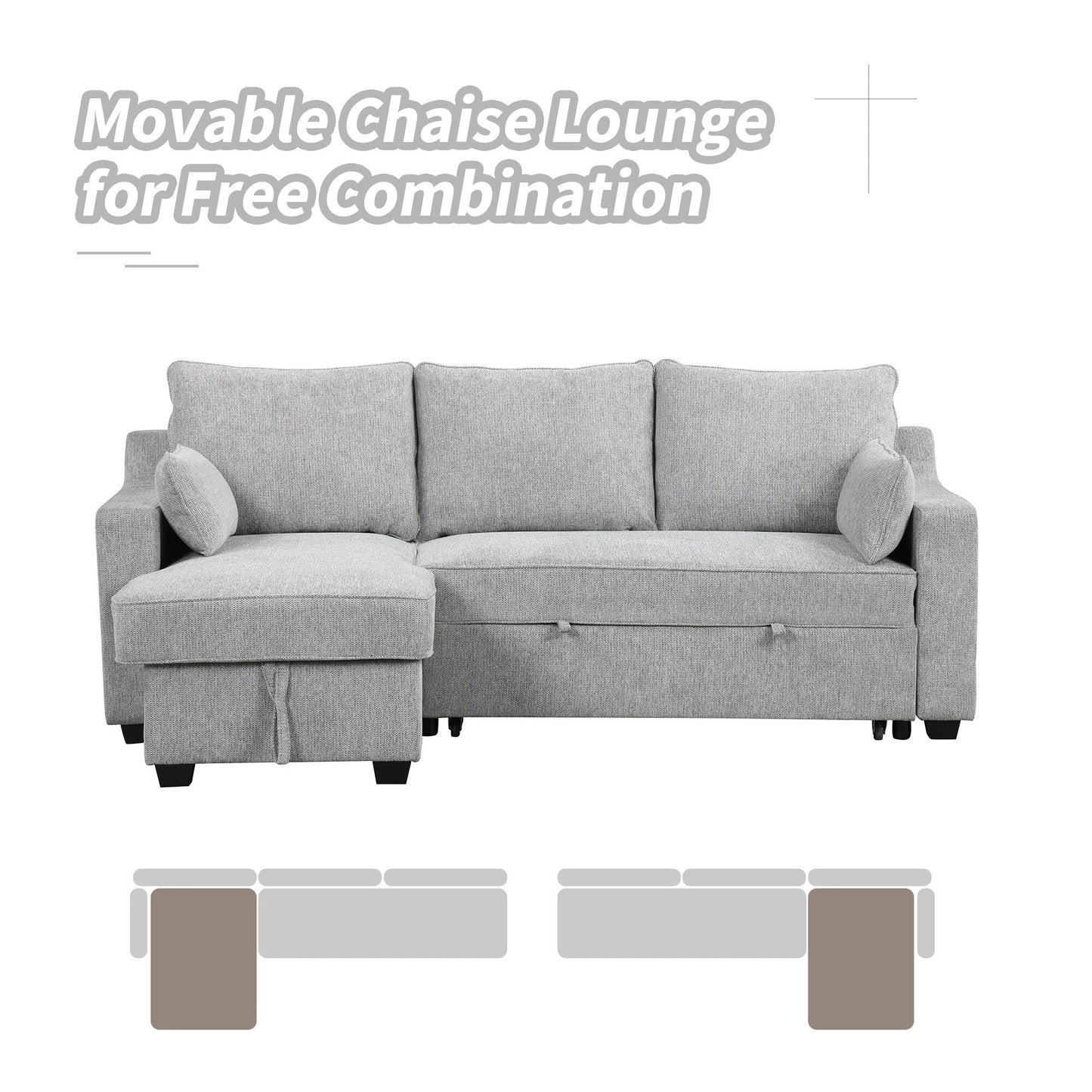 90 Fabric L-Shaped 3 Seater Sleeper Sofa with Pull-Out Bed, Storage Chaise, USB Ports, and Side Storage Racks