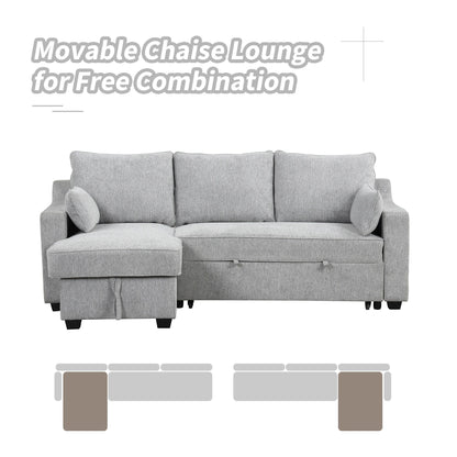 90 Fabric L-Shaped 3 Seater Sleeper Sofa with Pull-Out Bed, Storage Chaise, USB Ports, and Side Storage Racks