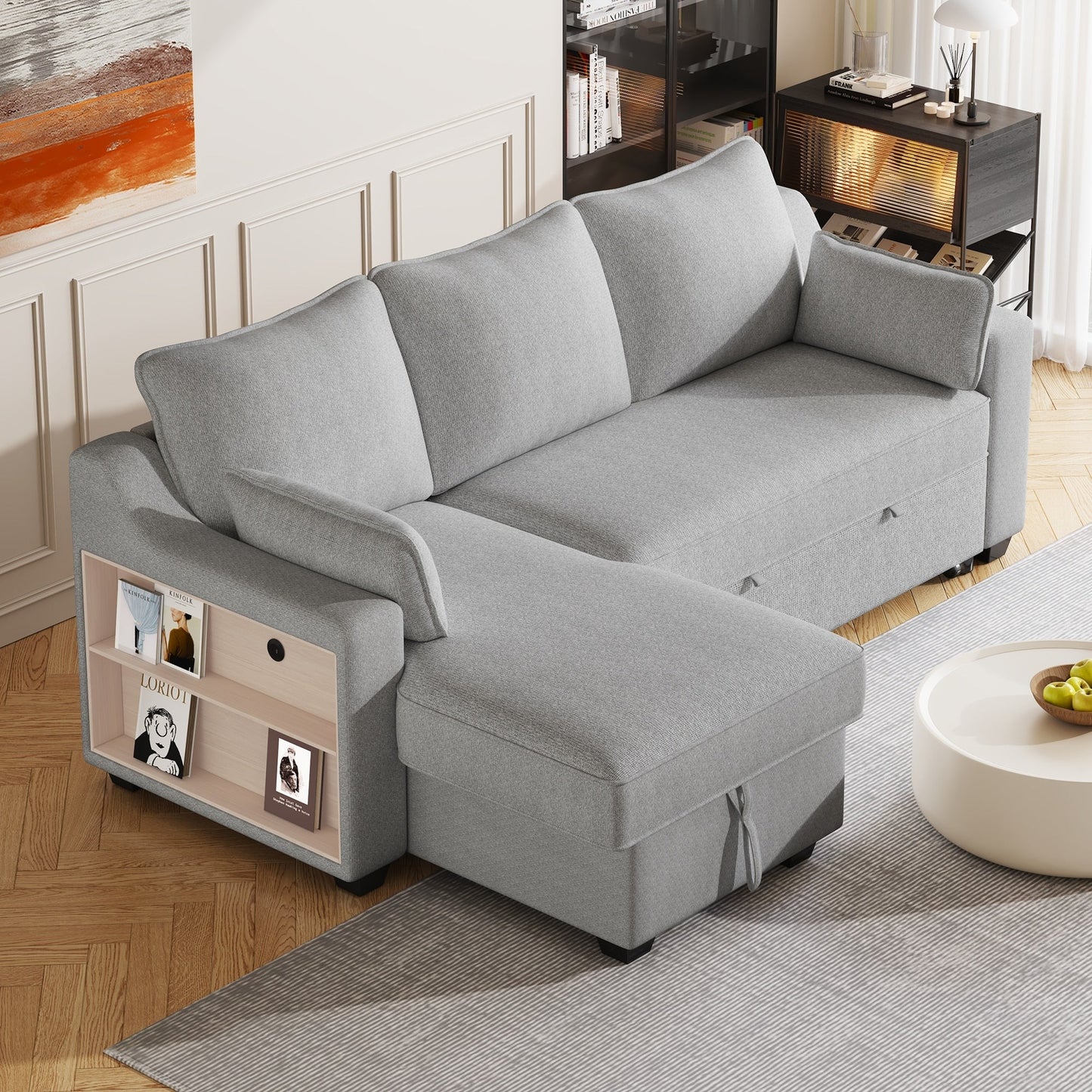 90 Fabric L-Shaped 3 Seater Sleeper Sofa with Pull-Out Bed, Storage Chaise, USB Ports, and Side Storage Racks