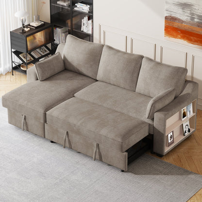 90 Fabric L-Shaped 3 Seater Sleeper Sofa with Pull-Out Bed, Storage Chaise, USB Ports, and Side Storage Racks
