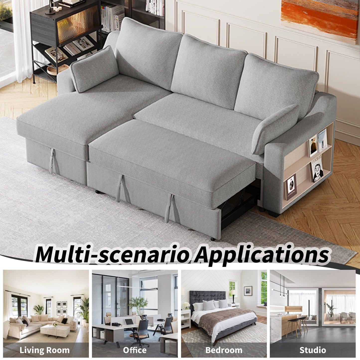 90 Fabric L-Shaped 3 Seater Sleeper Sofa with Pull-Out Bed, Storage Chaise, USB Ports, and Side Storage Racks