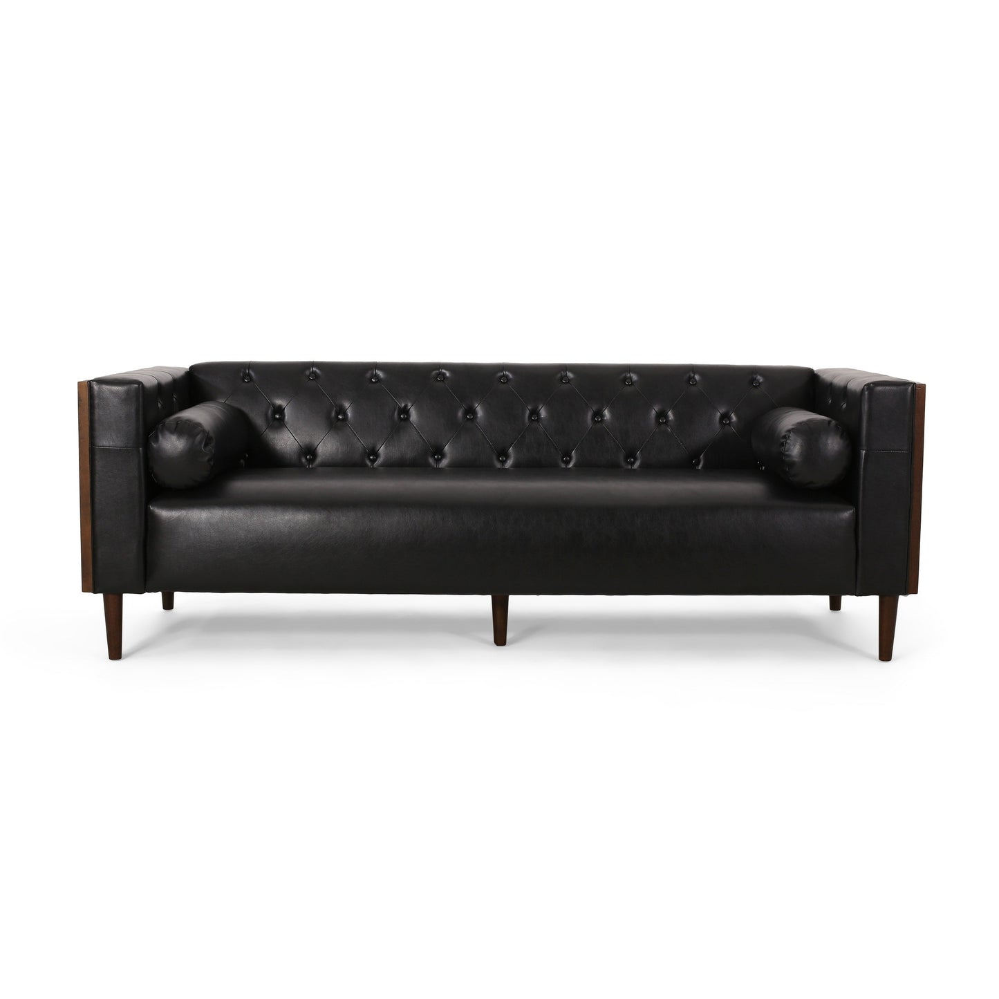 90 Faux Leather Button Tufted 3-seater Sofa with Birch Wood Legs for Living Room