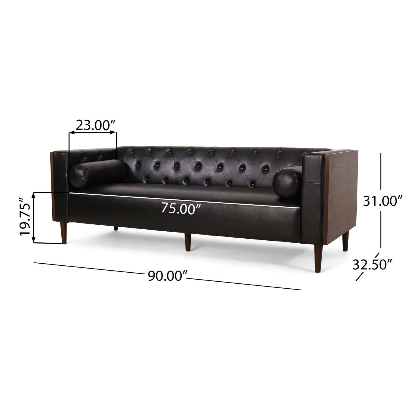 90 Faux Leather Button Tufted 3-seater Sofa with Birch Wood Legs for Living Room