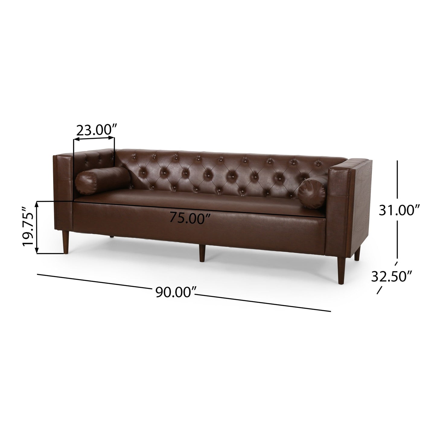90 Faux Leather Button Tufted 3-seater Sofa with Birch Wood Legs for Living Room