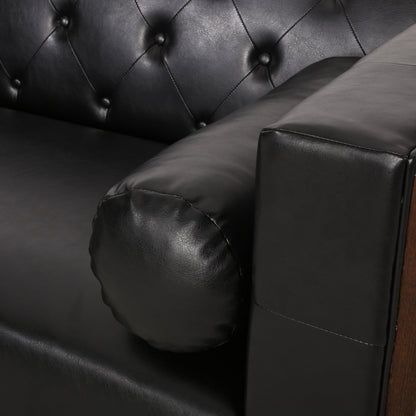 90 Faux Leather Button Tufted 3-seater Sofa with Birch Wood Legs for Living Room
