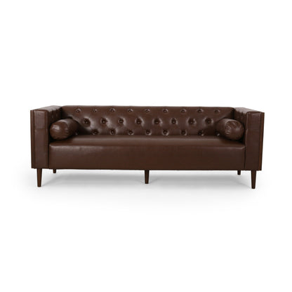 90 Faux Leather Button Tufted 3-seater Sofa with Birch Wood Legs for Living Room