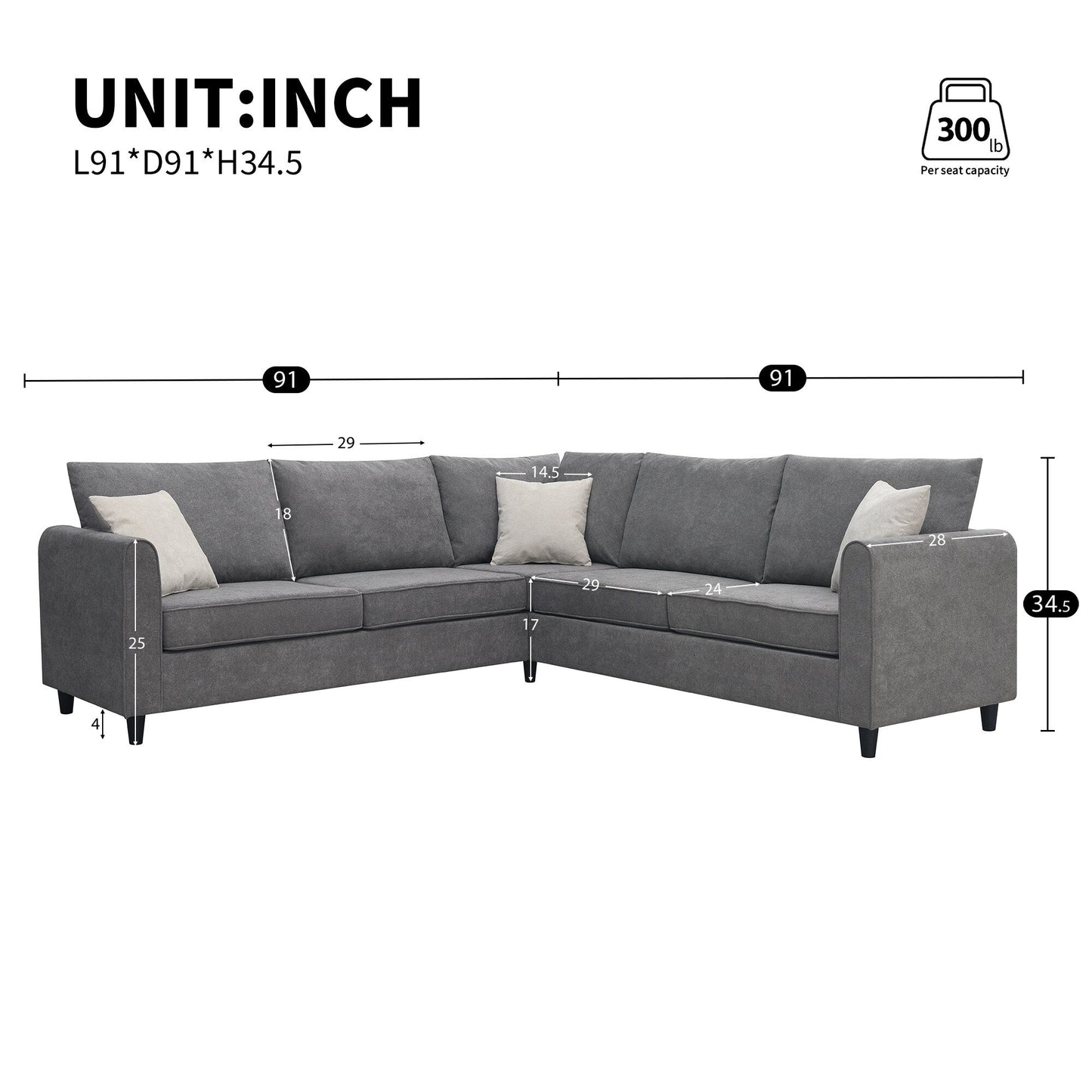 91*91 Modern Upholstered Living Room Sectional Sofa, L Shape Furniture Couch With 3 Pillows