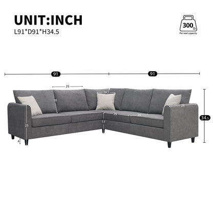 91*91 Modern Upholstered Living Room Sectional Sofa, L Shape Furniture Couch With 3 Pillows
