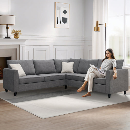 91*91 Modern Upholstered Living Room Sectional Sofa, L Shape Furniture Couch With 3 Pillows