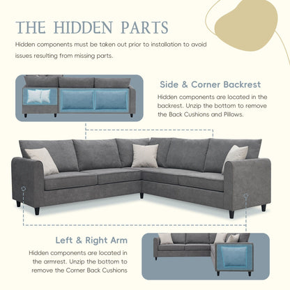 91*91 Modern Upholstered Living Room Sectional Sofa, L Shape Furniture Couch With 3 Pillows