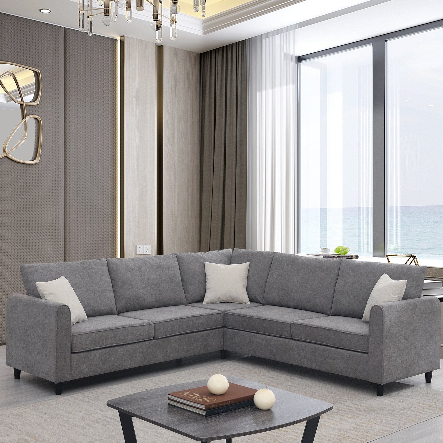 91*91 Modern Upholstered Living Room Sectional Sofa, L Shape Furniture Couch With 3 Pillows