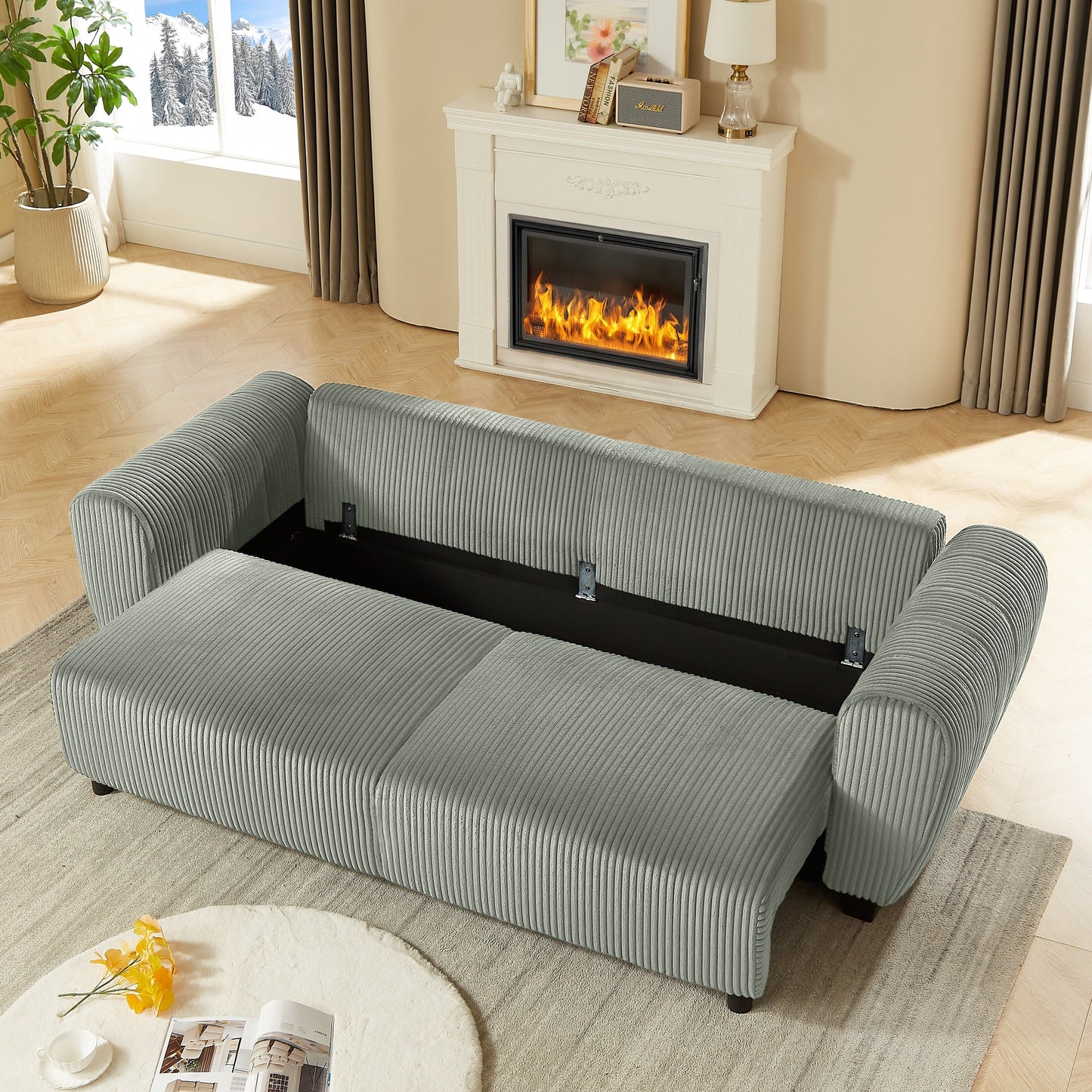 92.1Corduroy 3-Seater Sofa with 2-in-1 Convertible Design, Built-In Storage Compartments