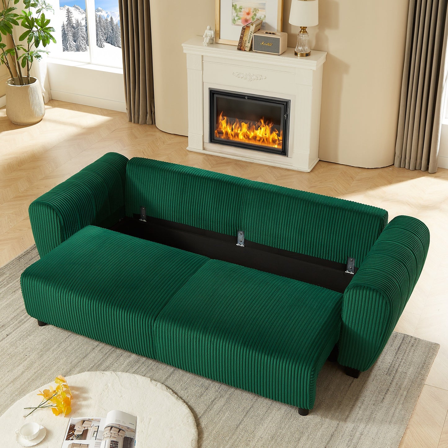 92.1Corduroy 3-Seater Sofa with 2-in-1 Convertible Design, Built-In Storage Compartments