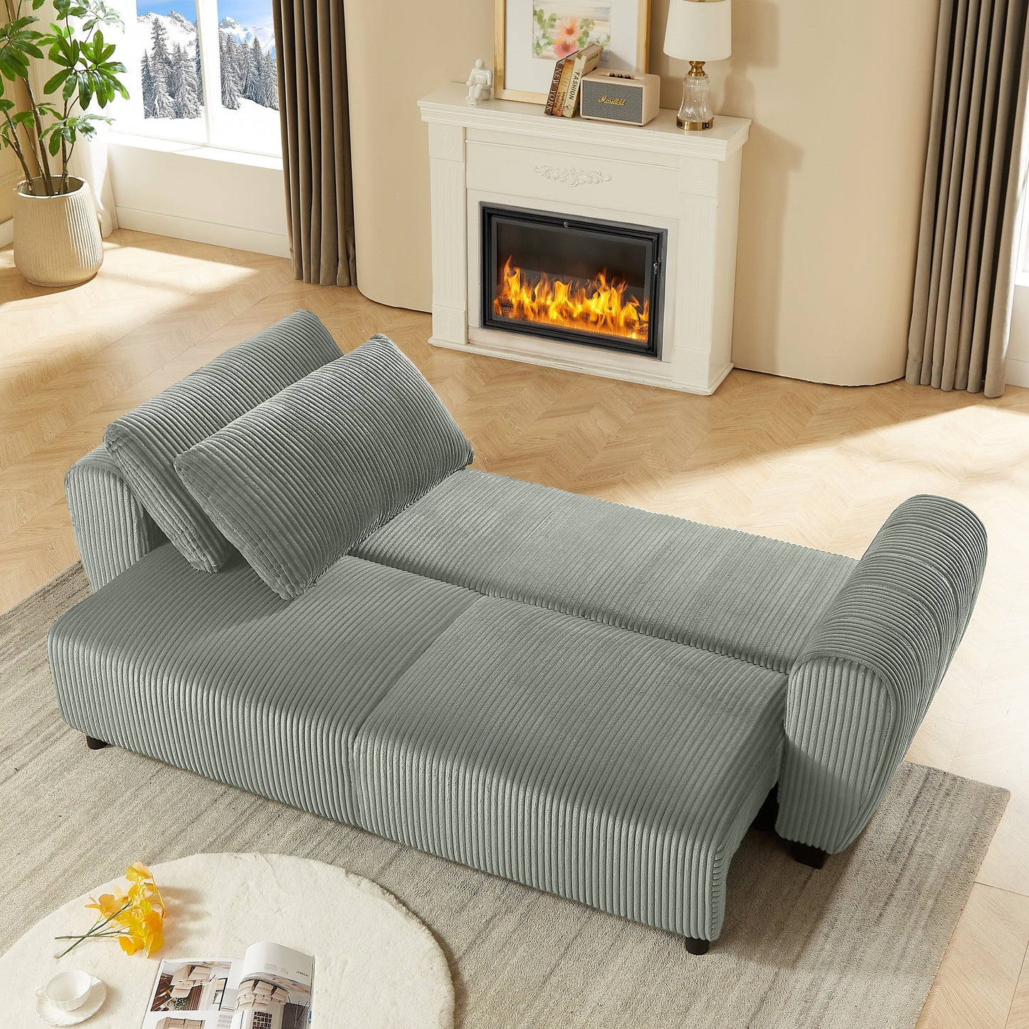 92.1Corduroy 3-Seater Sofa with 2-in-1 Convertible Design, Built-In Storage Compartments