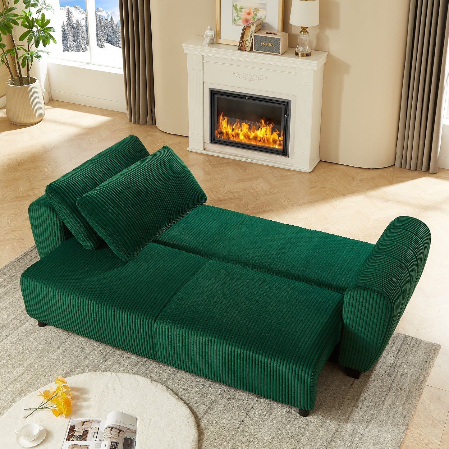 92.1Corduroy 3-Seater Sofa with 2-in-1 Convertible Design, Built-In Storage Compartments