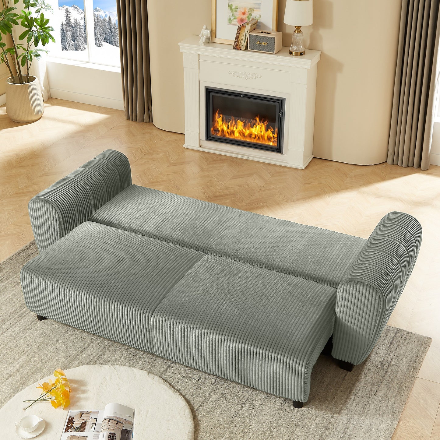 92.1Corduroy 3-Seater Sofa with 2-in-1 Convertible Design, Built-In Storage Compartments