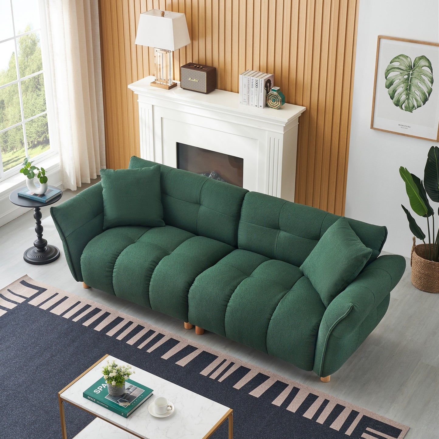 93.70 inches long, Teddy Sofa Fabric,with two matching pillows and three spacious and comfortable seats