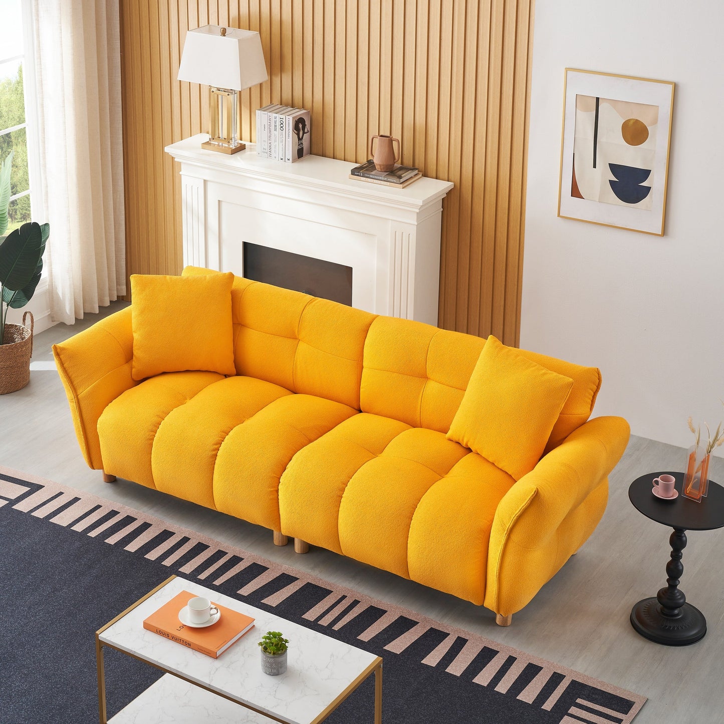 93.70 inches long, Teddy Sofa Fabric,with two matching pillows and three spacious and comfortable seats