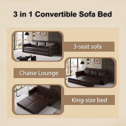 93.70Faux Leather 3-Seater Sleeper Sofa Bed with Chaise, Retro Style with Rivet Trim