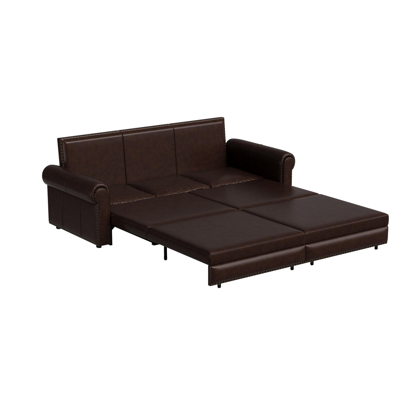 93.70Faux Leather 3-Seater Sleeper Sofa Bed with Chaise, Retro Style with Rivet Trim