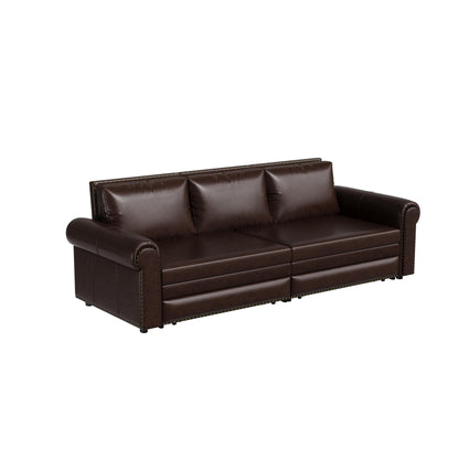 93.70Faux Leather 3-Seater Sleeper Sofa Bed with Chaise, Retro Style with Rivet Trim