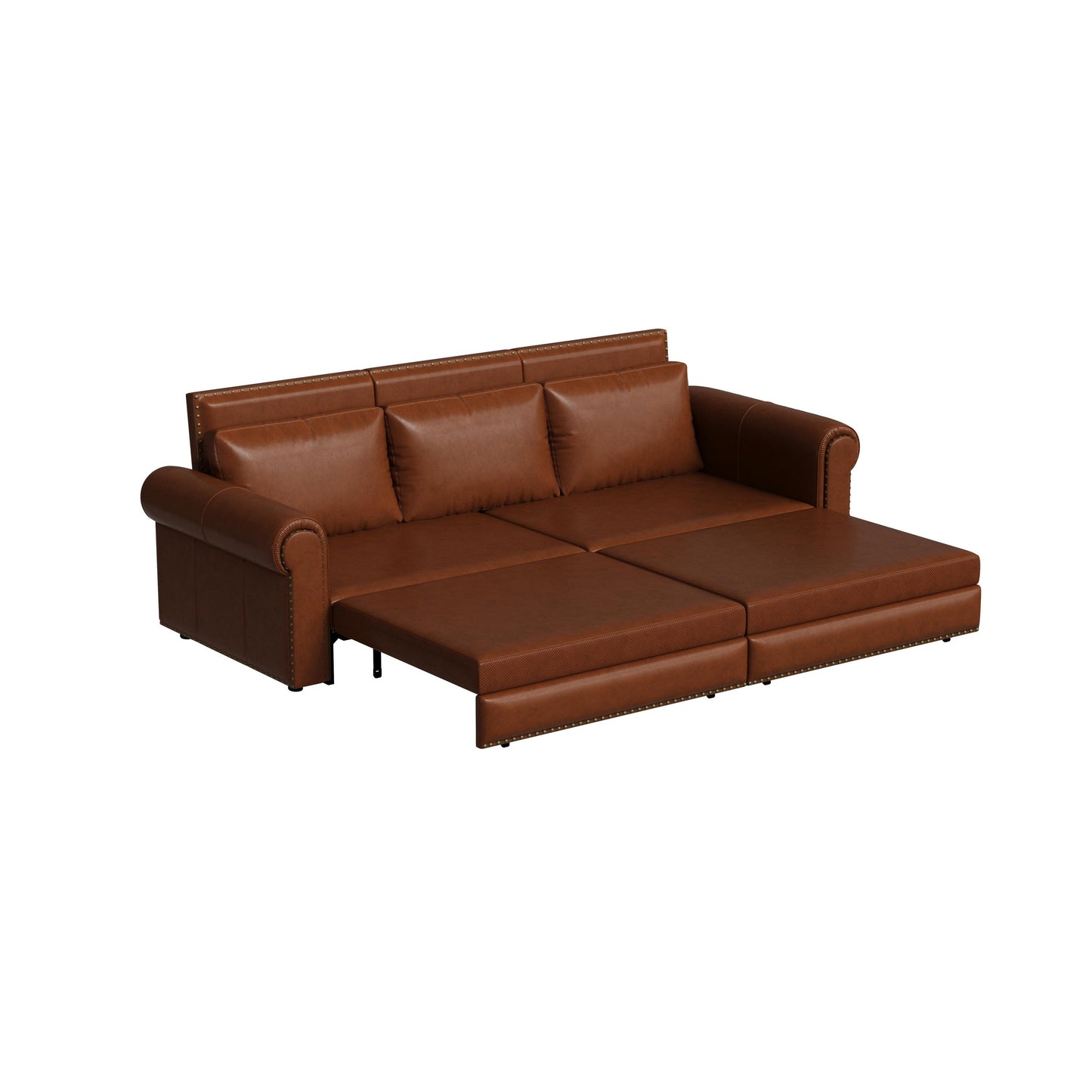 93.70Faux Leather 3-Seater Sleeper Sofa Bed with Chaise, Retro Style with Rivet Trim