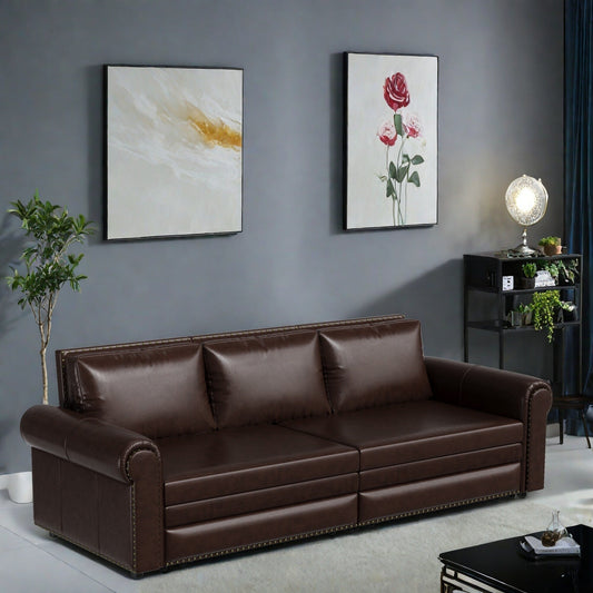 93.70Faux Leather 3-Seater Sleeper Sofa Bed with Chaise, Retro Style with Rivet Trim