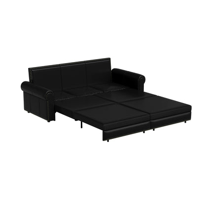 93.70Faux Leather 3-Seater Sleeper Sofa Bed with Chaise, Retro Style with Rivet Trim