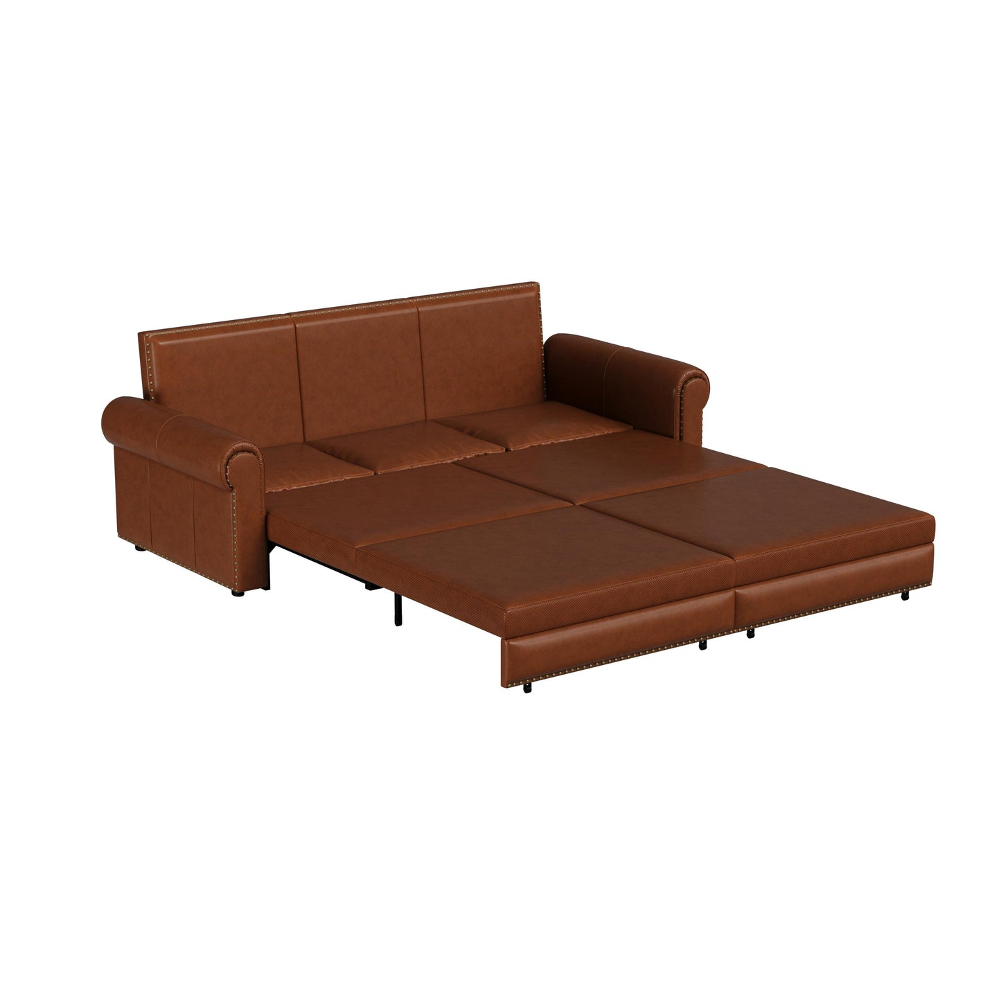 93.70Faux Leather 3-Seater Sleeper Sofa Bed with Chaise, Retro Style with Rivet Trim