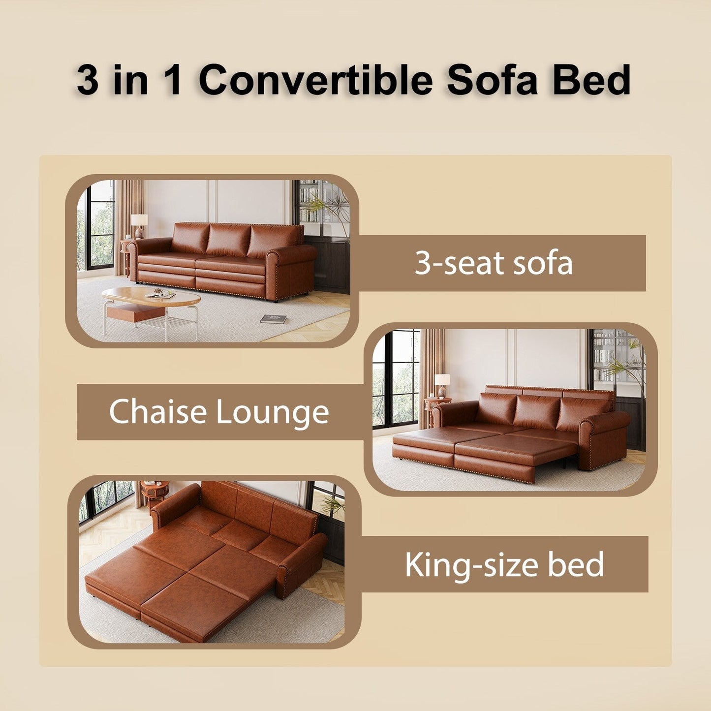 93.70Faux Leather 3-Seater Sleeper Sofa Bed with Chaise, Retro Style with Rivet Trim