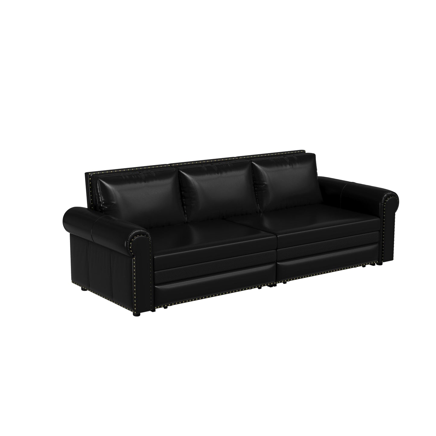 93.70Faux Leather 3-Seater Sleeper Sofa Bed with Chaise, Retro Style with Rivet Trim