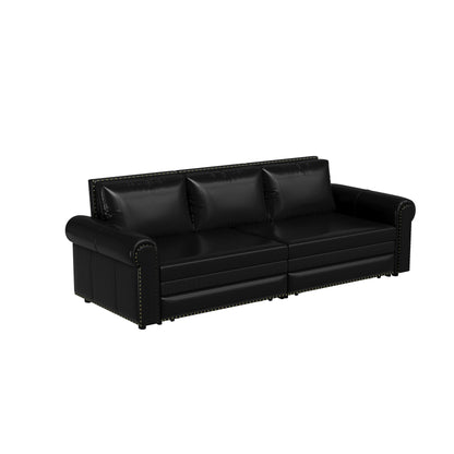 93.70Faux Leather 3-Seater Sleeper Sofa Bed with Chaise, Retro Style with Rivet Trim