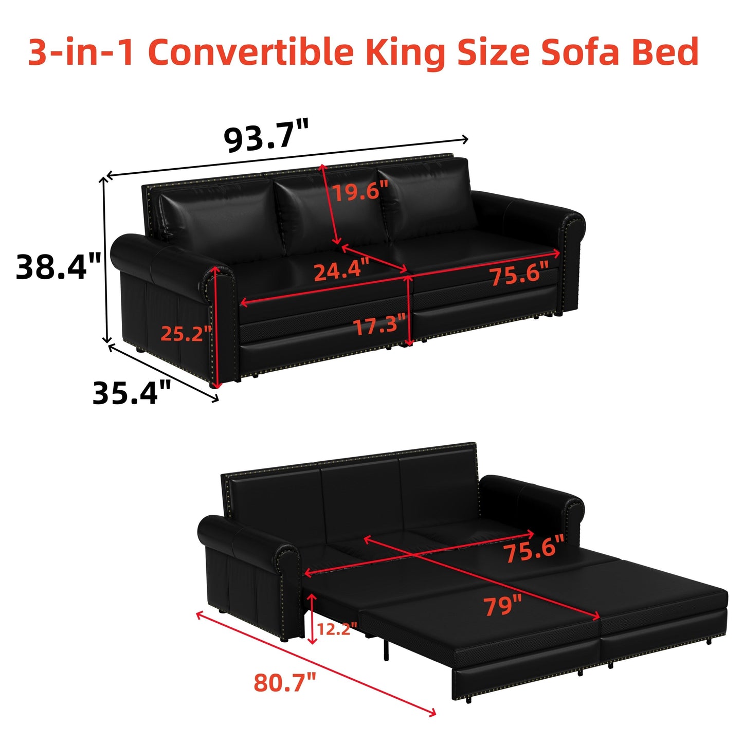 93.70Faux Leather 3-Seater Sleeper Sofa Bed with Chaise, Retro Style with Rivet Trim