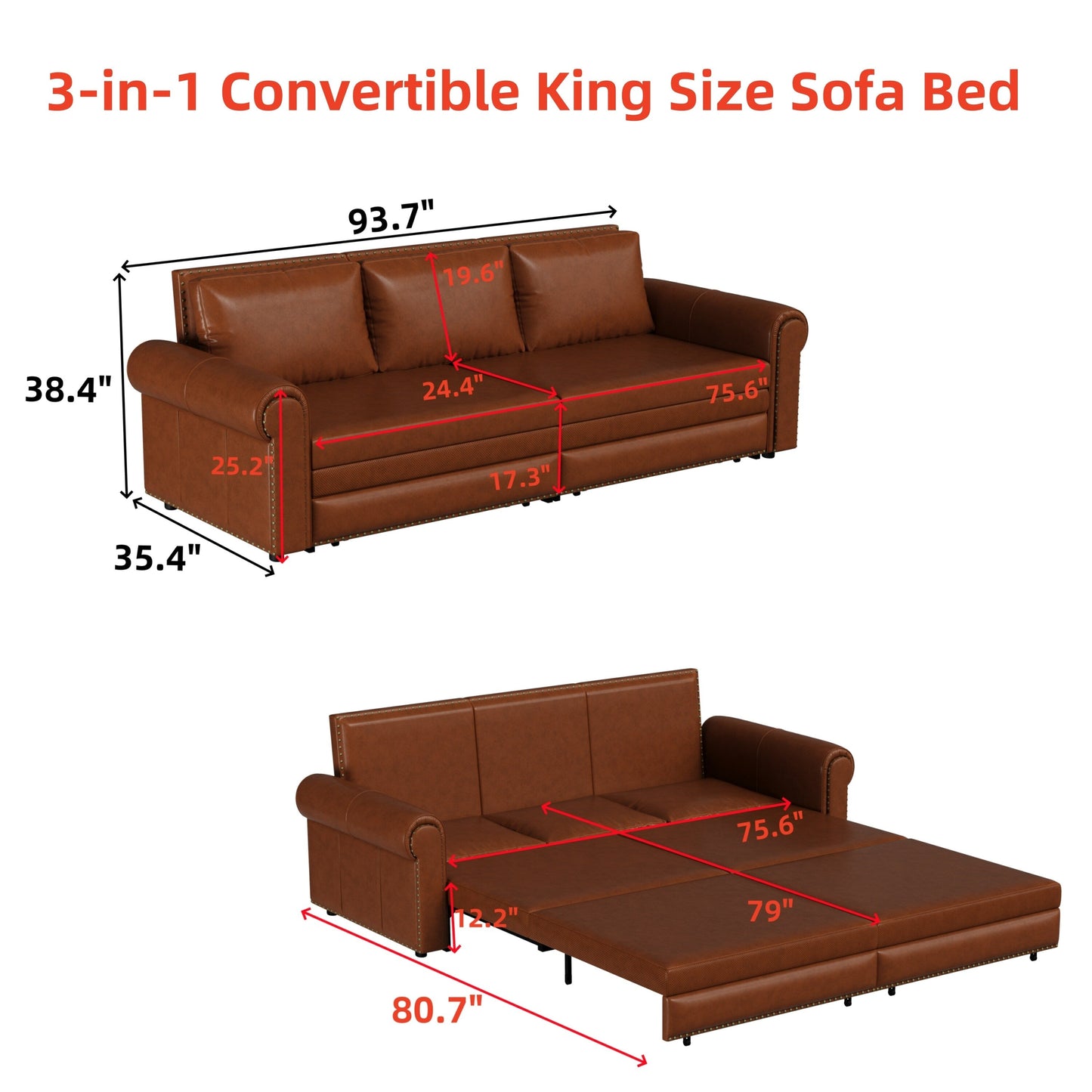 93.70Faux Leather 3-Seater Sleeper Sofa Bed with Chaise, Retro Style with Rivet Trim