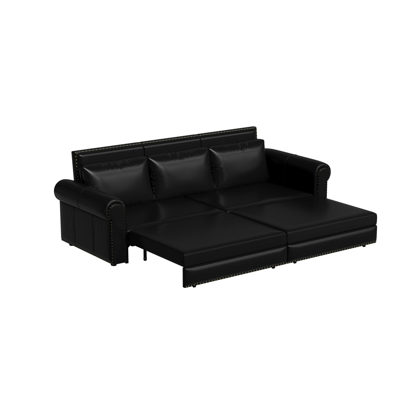 93.70Faux Leather 3-Seater Sleeper Sofa Bed with Chaise, Retro Style with Rivet Trim