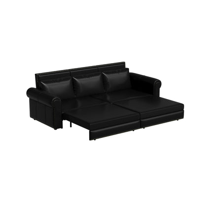 93.70Faux Leather 3-Seater Sleeper Sofa Bed with Chaise, Retro Style with Rivet Trim