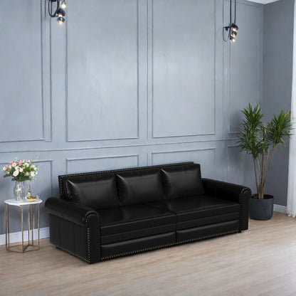 93.70Faux Leather 3-Seater Sleeper Sofa Bed with Chaise, Retro Style with Rivet Trim