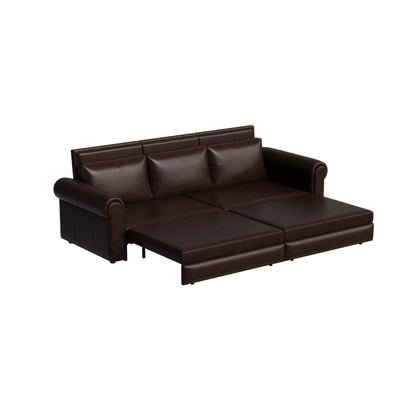 93.70Faux Leather 3-Seater Sleeper Sofa Bed with Chaise, Retro Style with Rivet Trim