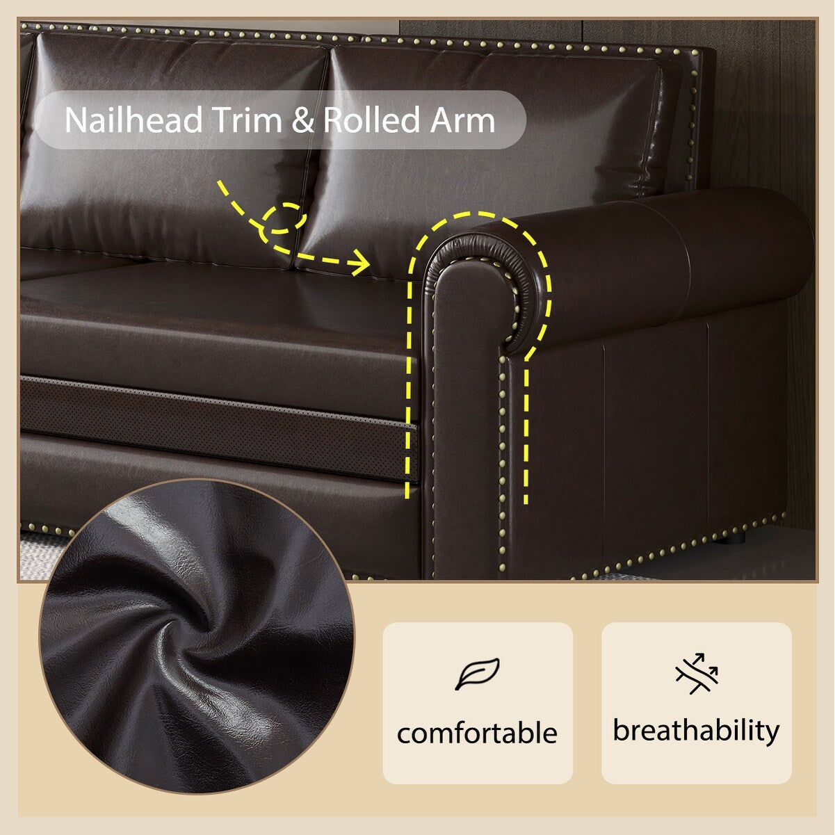 93.70Faux Leather 3-Seater Sleeper Sofa Bed with Chaise, Retro Style with Rivet Trim