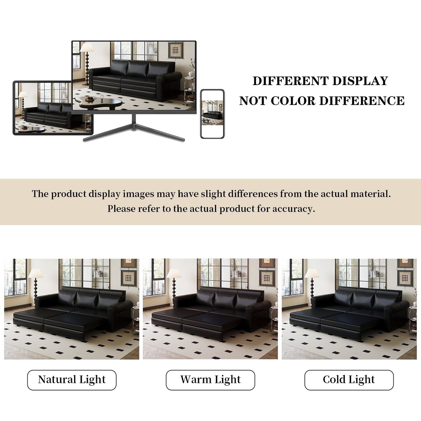 93.70Faux Leather 3-Seater Sleeper Sofa Bed with Chaise, Retro Style with Rivet Trim