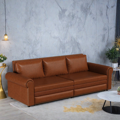 93.70Faux Leather 3-Seater Sleeper Sofa Bed with Chaise, Retro Style with Rivet Trim