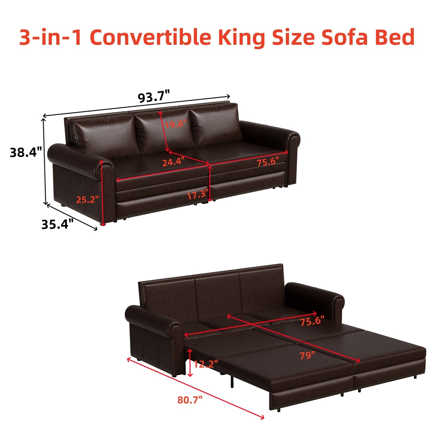 93.70Faux Leather 3-Seater Sleeper Sofa Bed with Chaise, Retro Style with Rivet Trim