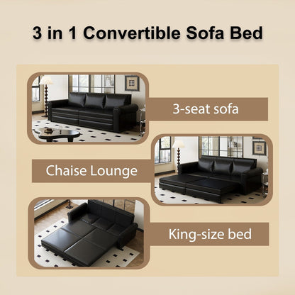 93.70Faux Leather 3-Seater Sleeper Sofa Bed with Chaise, Retro Style with Rivet Trim